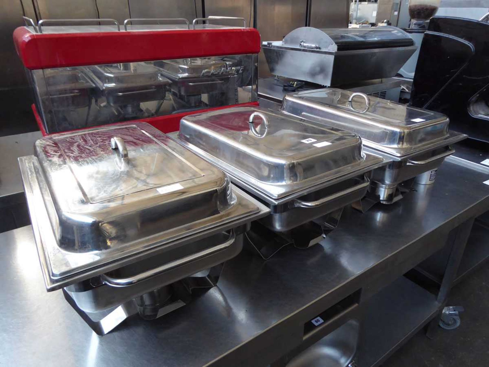 3 chafing dishes with bain-maries, lids and gel chafing fuel