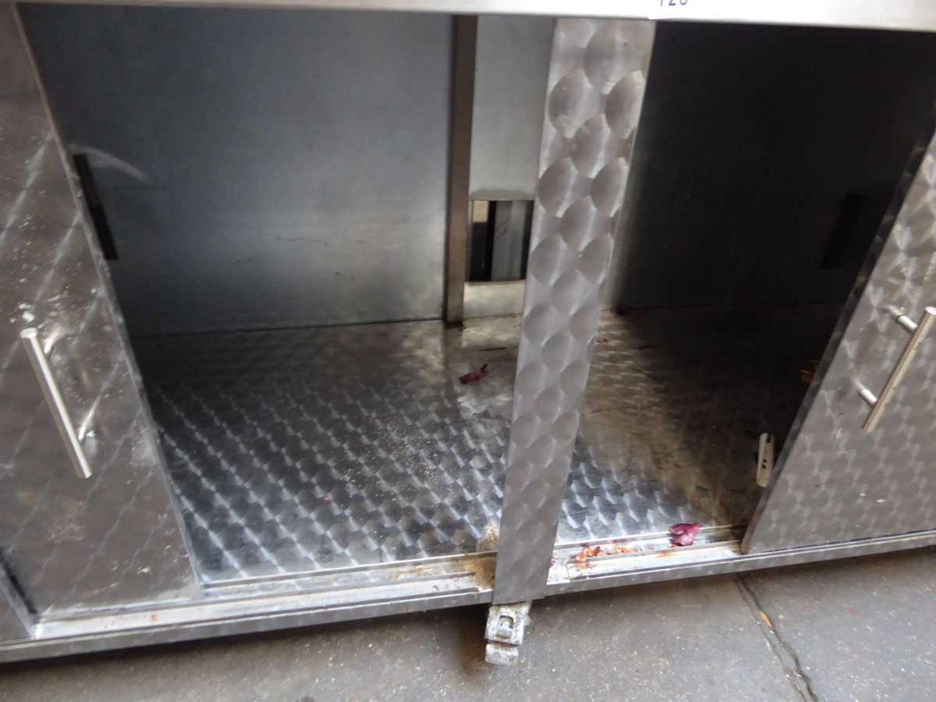 +VAT 220cm stainless steel top mobile preparation table with sliding doors under and slanted end - Image 2 of 2