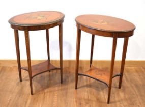 Two Sheraton-Revival satinwood and marquetry occasional tables of oval form (2)