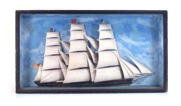 An early 20th century diorama of a three-mast Royal Navy ship within a painted and glazed box, 79