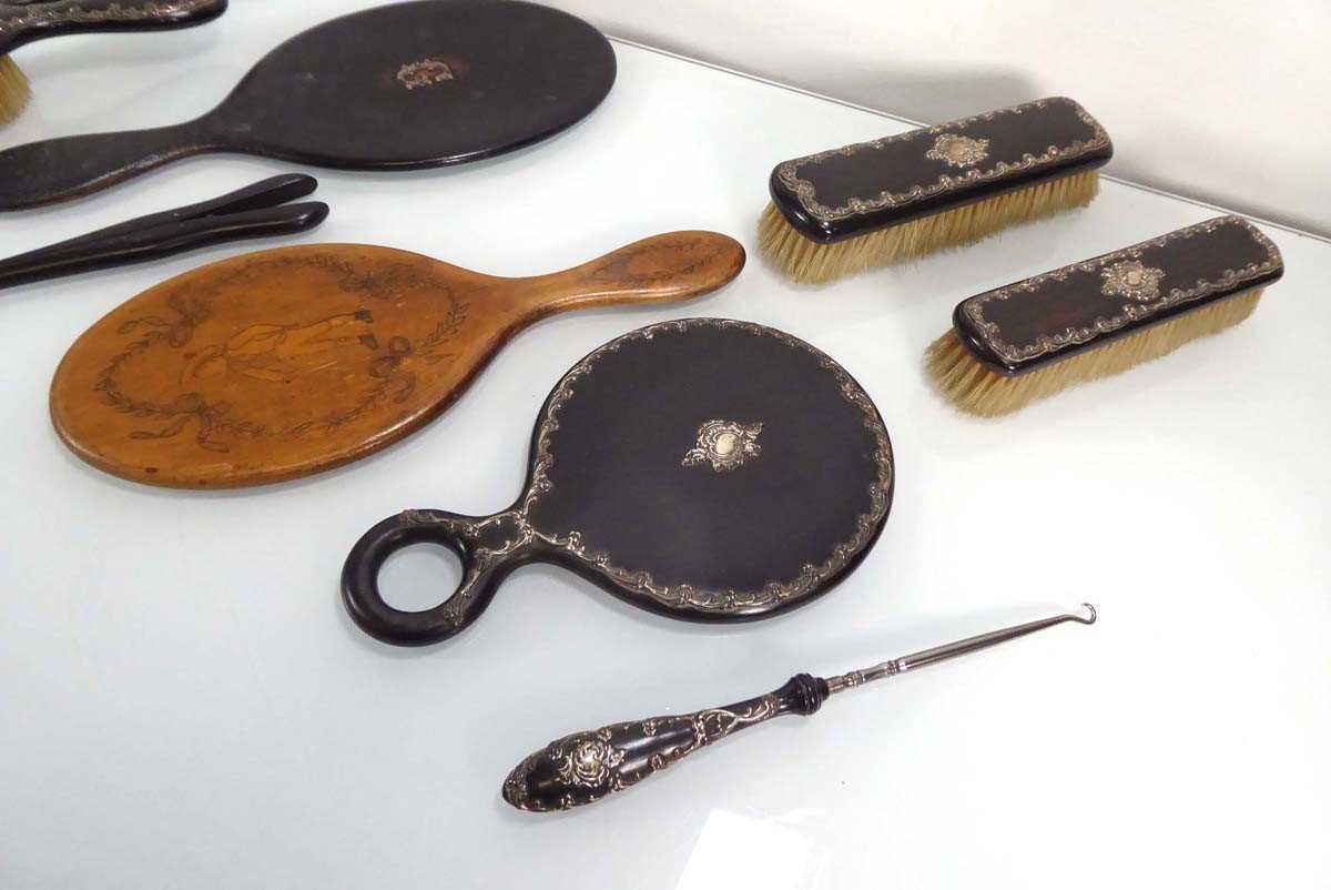 Seven early 20th century ebonised and metalware mounted dressing table items, a similar pair of - Image 3 of 3