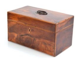 A 19th century yew and satinwood banded three-cannister tea caddy, 28 x 15 x 15.5 cm