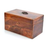 A 19th century yew and satinwood banded three-cannister tea caddy, 28 x 15 x 15.5 cm