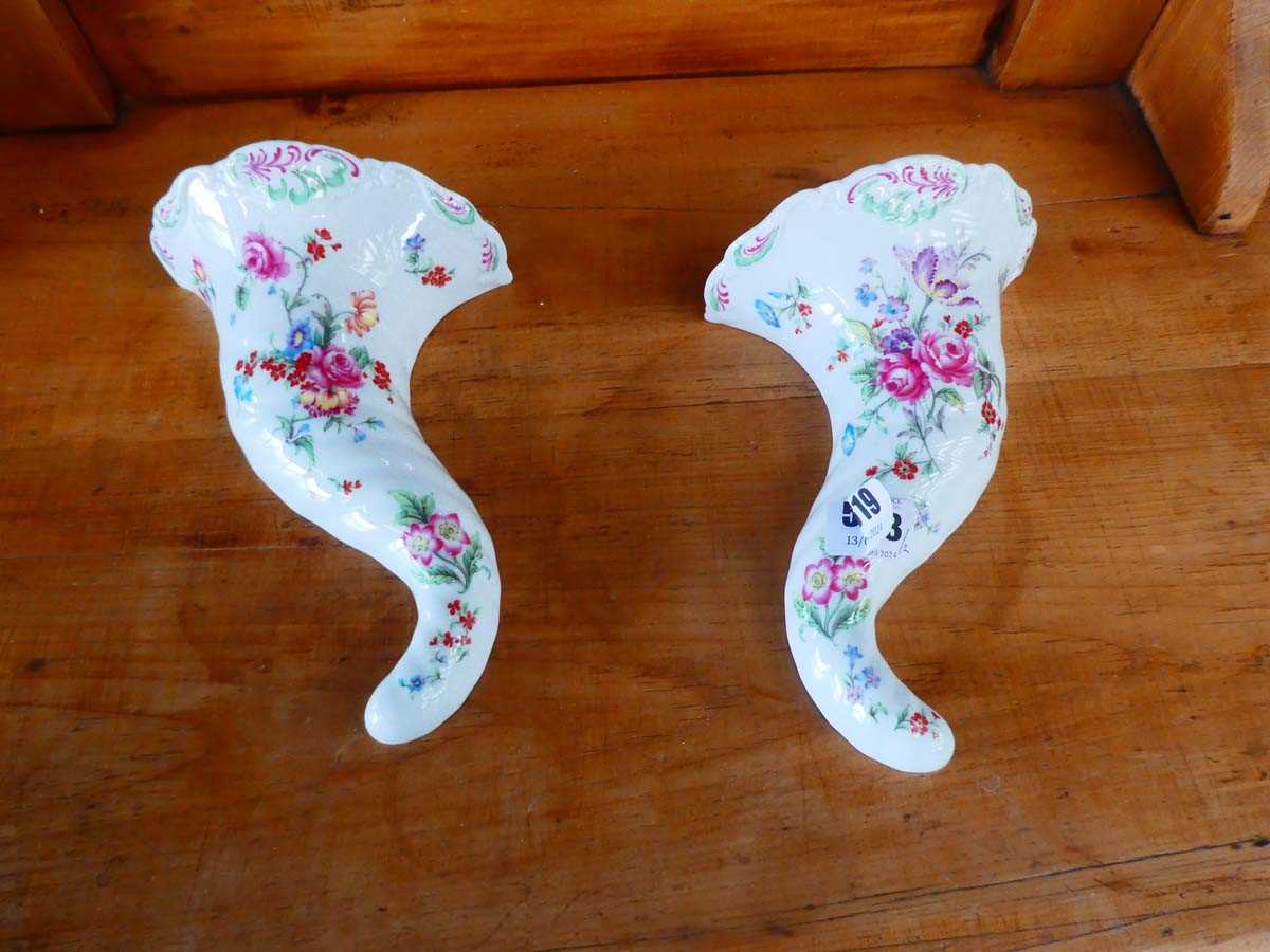Royal Worcester for Compton & Woodhouse, a pair of cornucopia wall pockets, l. 20 cm, with