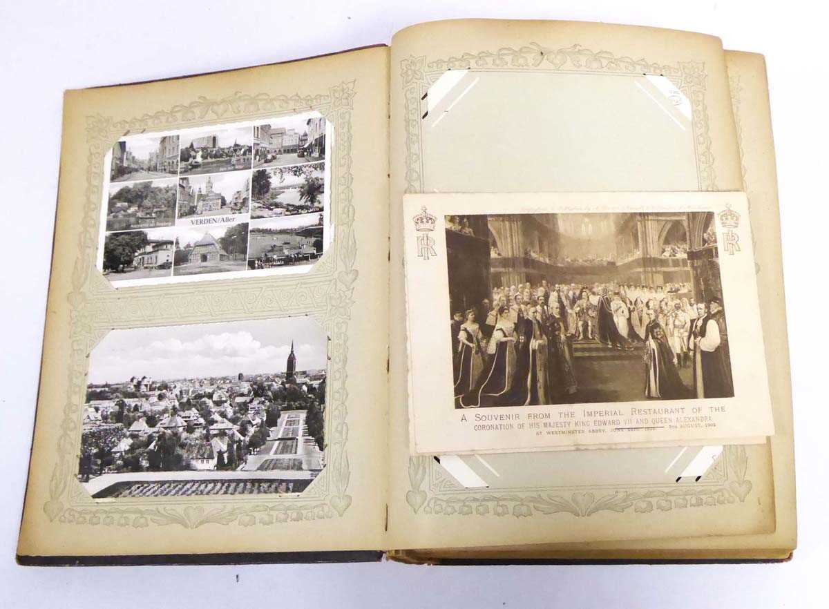 Large leatherbound album containing array of worldwide postcards primarily from 1899-1902, with some - Image 17 of 18