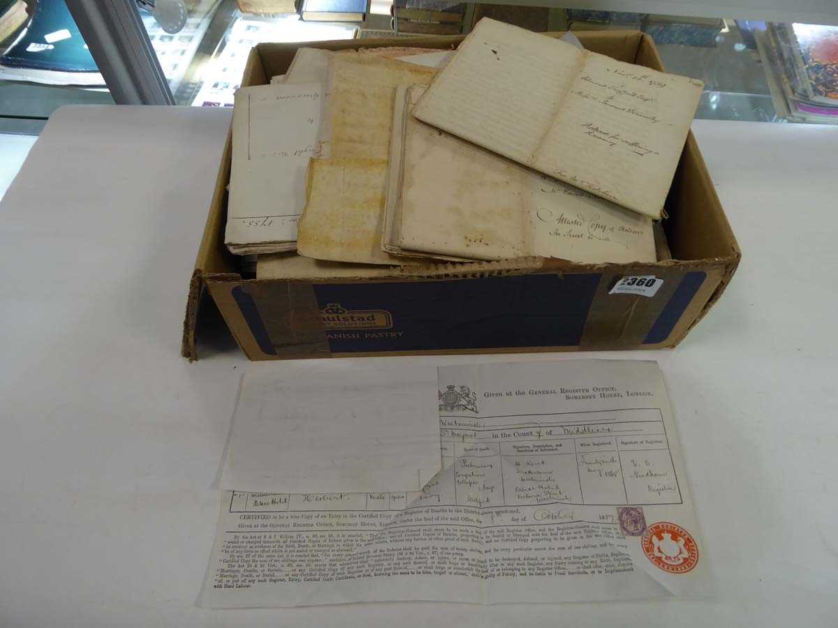 Box containing amount of property deeds, probates and wills from the 18th and 19th century,