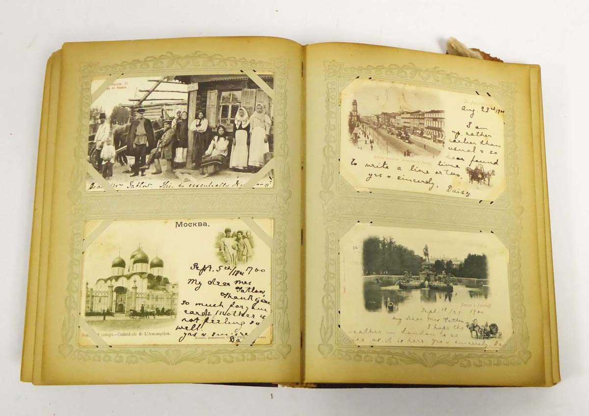 Large leatherbound album containing array of worldwide postcards primarily from 1899-1902, with some - Image 11 of 18