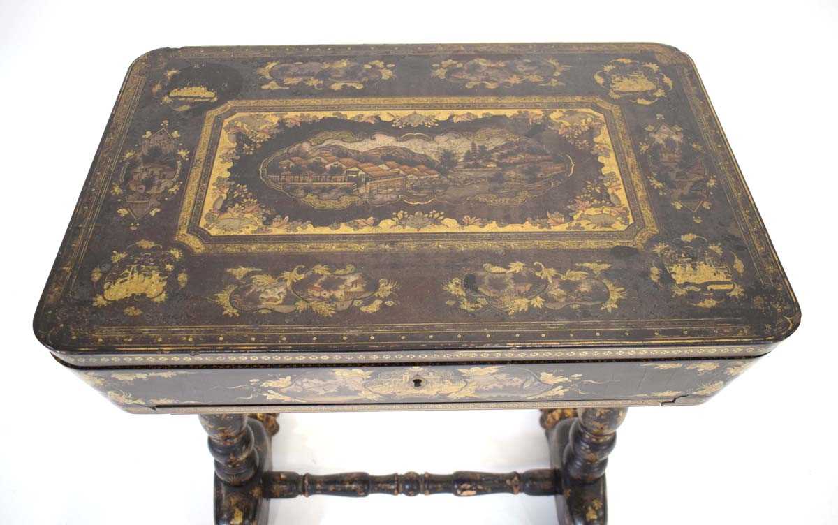 A mid-19th century black lacquered and gilt sewing table intricately decorated in the chinoiserie - Image 9 of 14