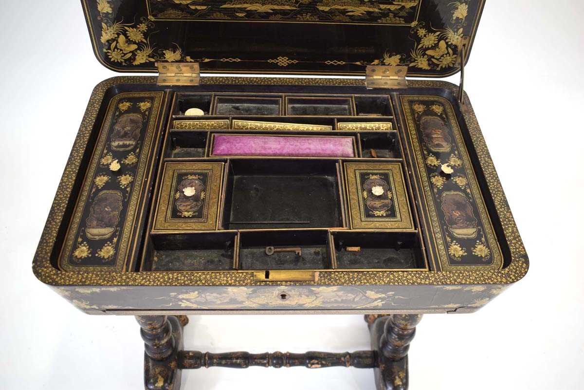 A mid-19th century black lacquered and gilt sewing table intricately decorated in the chinoiserie - Image 3 of 14