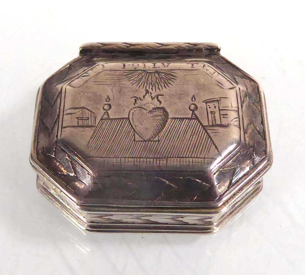 A Charles II snuff box of canted rectangular form engraved with the 'hearts aflame' motif,