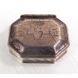 A Charles II snuff box of canted rectangular form engraved with the 'hearts aflame' motif,