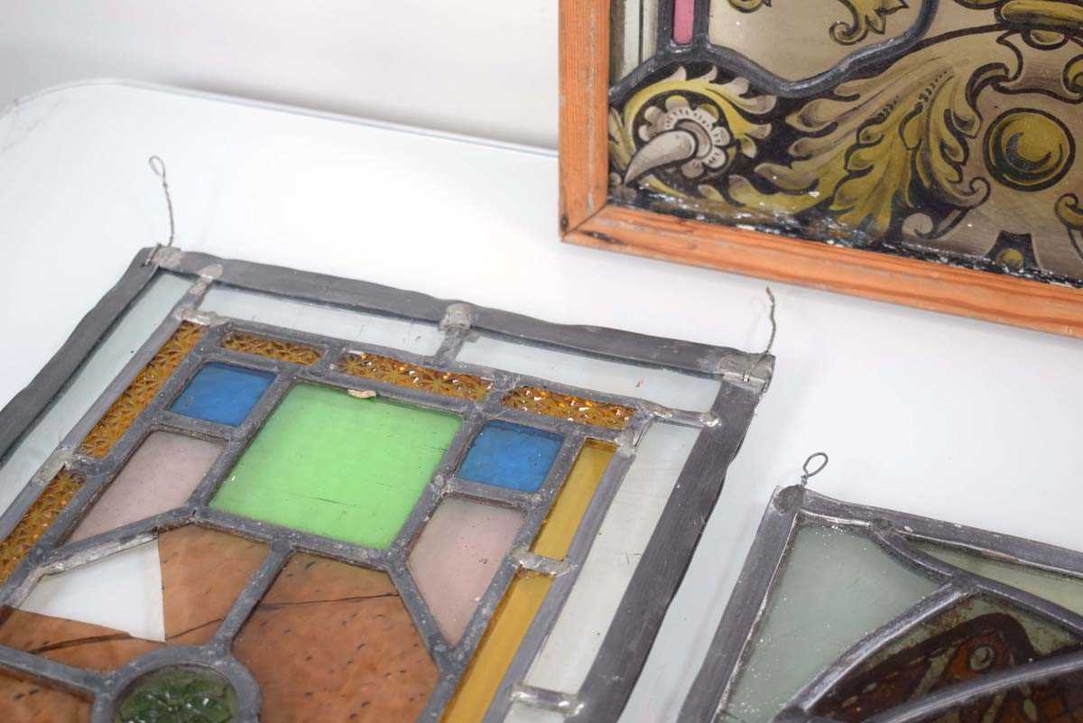 A pair of stained glass and leaded panels in later pine frames, 63 x 31 cm, together with four - Image 7 of 22