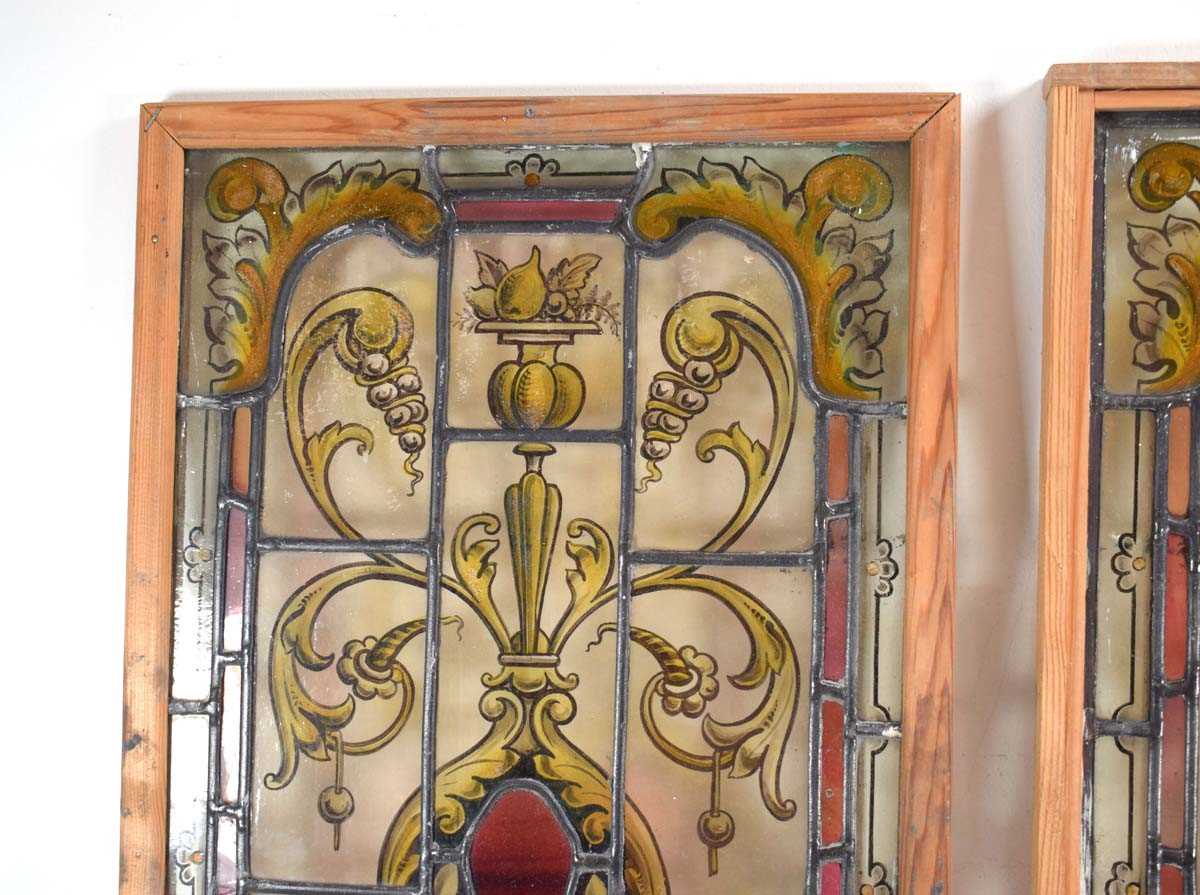 A pair of stained glass and leaded panels in later pine frames, 63 x 31 cm, together with four - Image 3 of 22