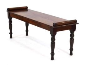 A Victorian mahogany hall seat with scrolled ends on turned legs, 120 x 40 x 44 cm