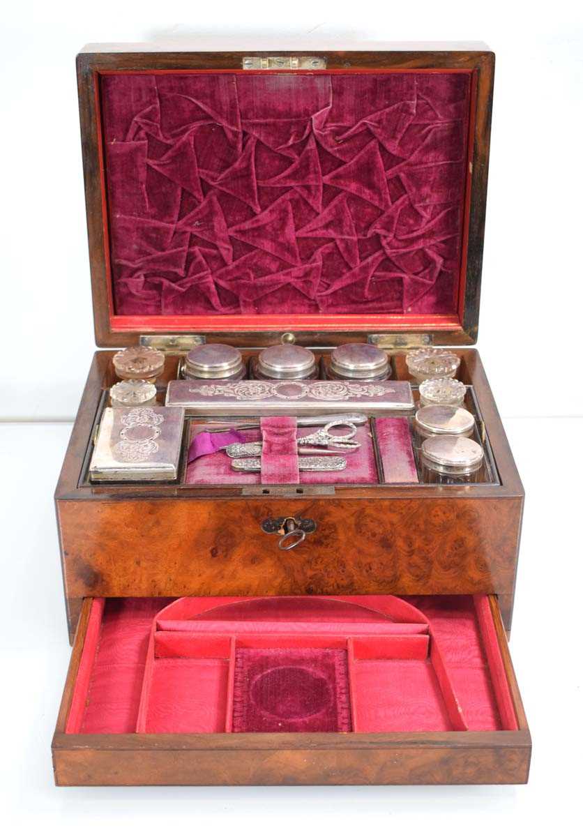 A Victorian walnut sewing box, the interior with silver-plated fitments over a drawer, 30 x 23 x - Image 2 of 2