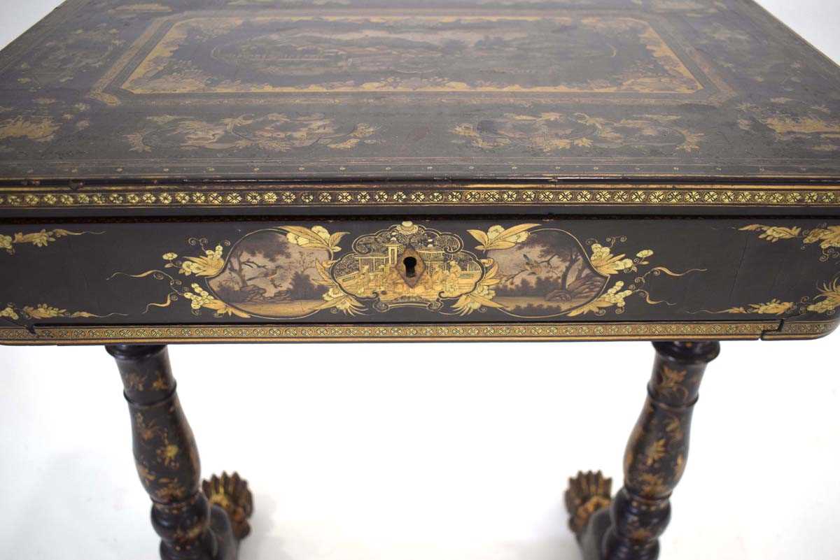 A mid-19th century black lacquered and gilt sewing table intricately decorated in the chinoiserie - Image 13 of 14