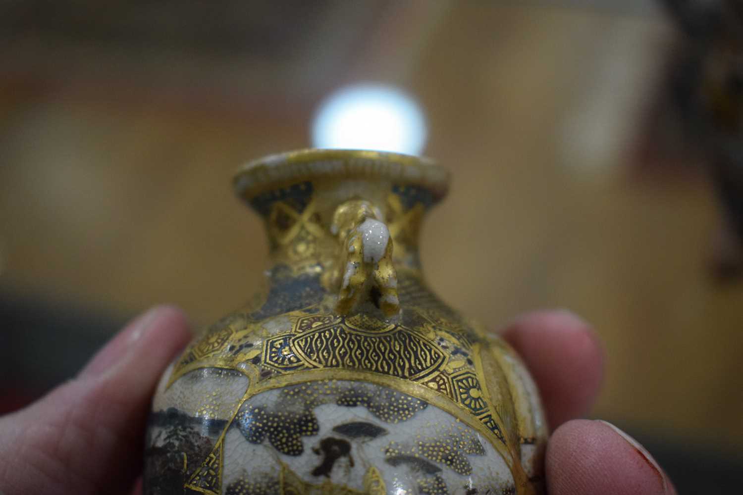 A pair of satsuma vases of squared baluster form, each decorated with traditional figures at - Image 29 of 44