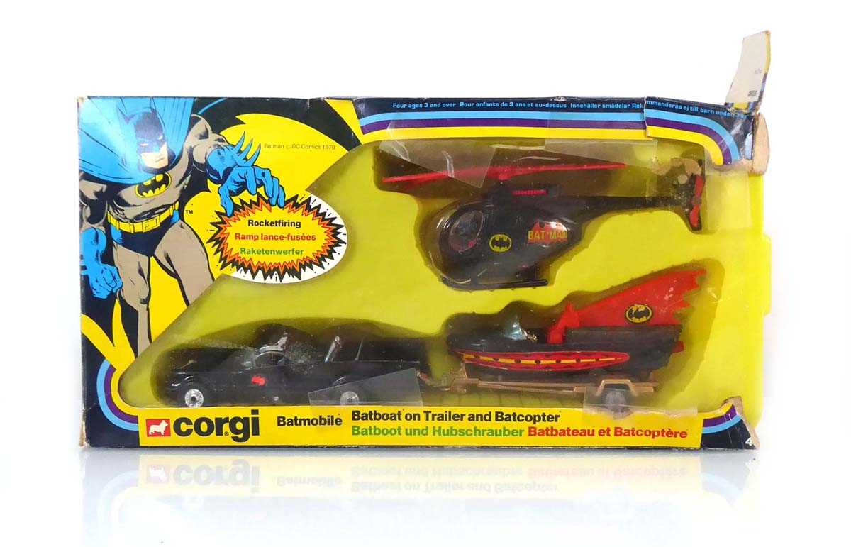 A Corgi GS40 Batmobile, Batboat on trailer and Batcopter gift set, boxed Box very poor