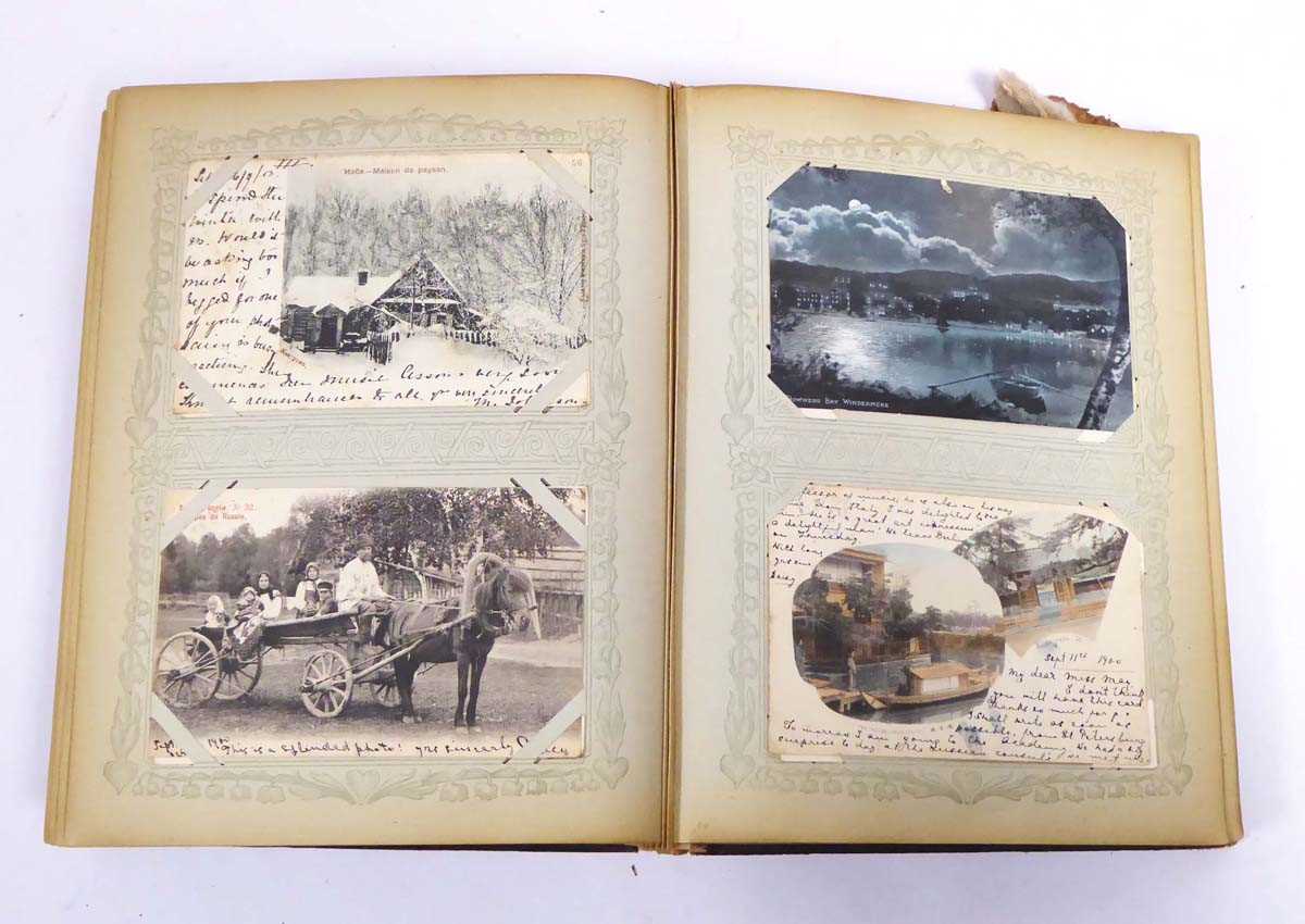 Large leatherbound album containing array of worldwide postcards primarily from 1899-1902, with some - Image 9 of 18