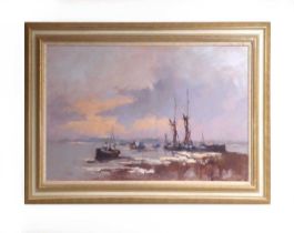William Davies (b. 1928), 'Thames Barges' signed, oil on canvas, 49 x 75 cm