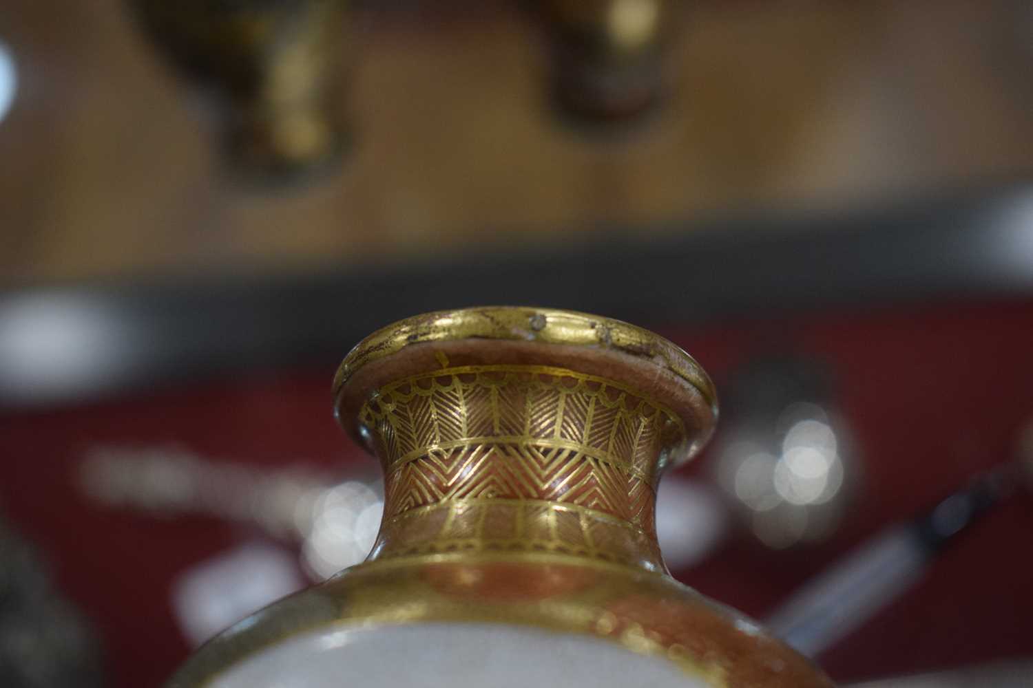 A pair of satsuma vases of squared baluster form, each decorated with traditional figures at - Image 18 of 44