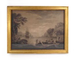 A monochrome engraving depicting a two master sailing vessel in a busy harbour, 43.5 x 59 cm