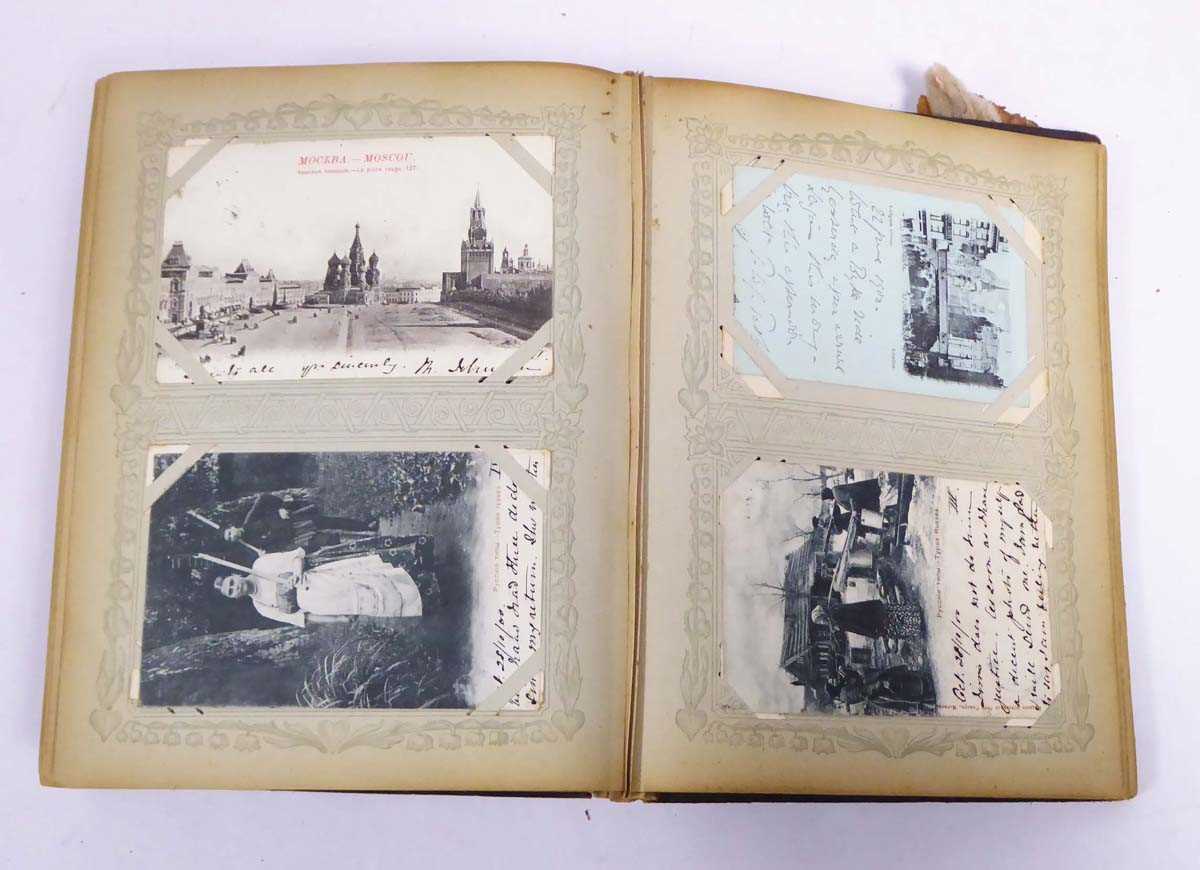 Large leatherbound album containing array of worldwide postcards primarily from 1899-1902, with some - Image 7 of 18