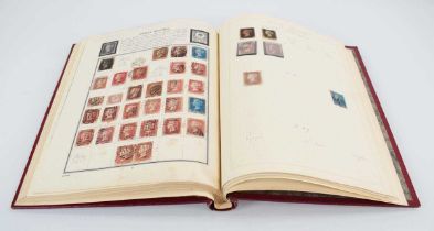 An album of Victorian and later stamps including three One Penny Reds, three Two Pence Blues,