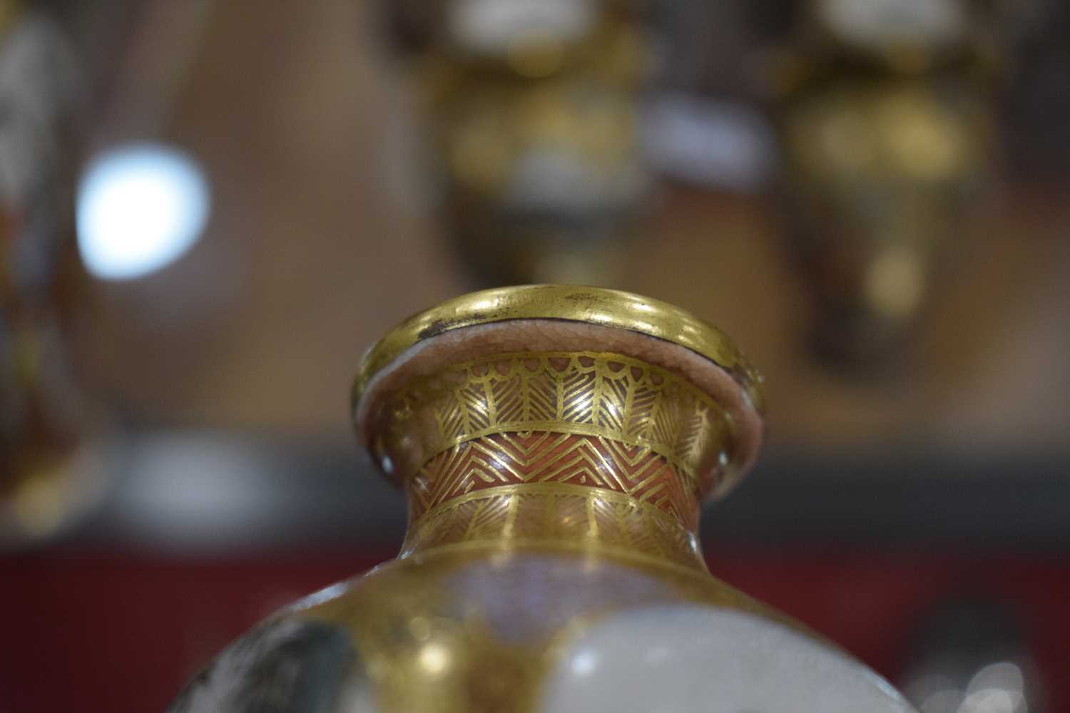 A pair of satsuma vases of squared baluster form, each decorated with traditional figures at - Image 9 of 44