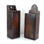 Two Georgian oak wall-mounted candle boxes (2) Backs both loose. Some old worm to both but