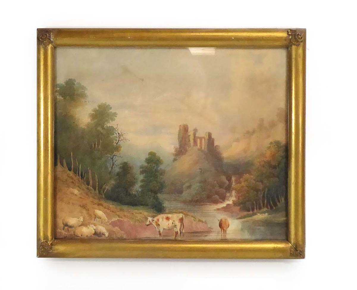 William Gill (fl.1854-1867), Cattle and sheep by a river, castle ruins on the horizon, signed,