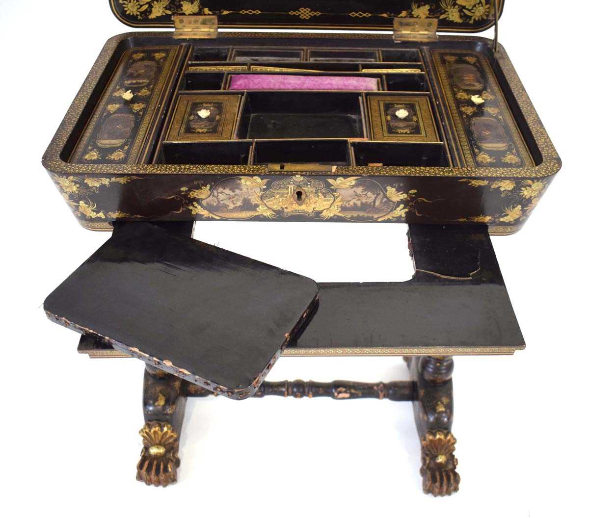 A mid-19th century black lacquered and gilt sewing table intricately decorated in the chinoiserie - Image 6 of 14