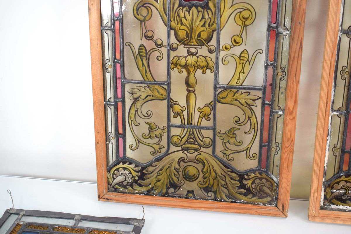 A pair of stained glass and leaded panels in later pine frames, 63 x 31 cm, together with four - Image 2 of 22