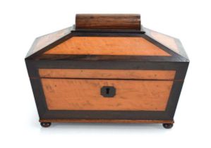 A 19th century satinwood and rosewood banded tea caddy of sarcophagus form, on bun feet, 26 x 16 x