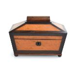 A 19th century satinwood and rosewood banded tea caddy of sarcophagus form, on bun feet, 26 x 16 x