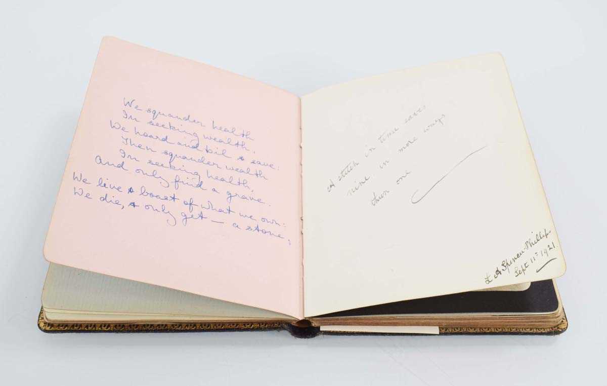 An autograph, quote and sketch album with entries from the 1920's and later including M E Gibson, HE - Image 3 of 8