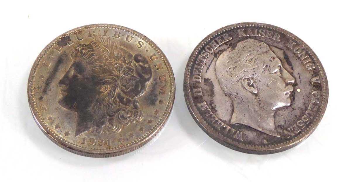 An American dollar dated 1921 and a Wilhelm II 5 mark coin dated 1902 (2) - Image 2 of 2