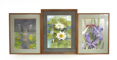 Bernard West (late 20th/early 21st century), 'Damsel Flies and Waterlilies', signed, inscribed and