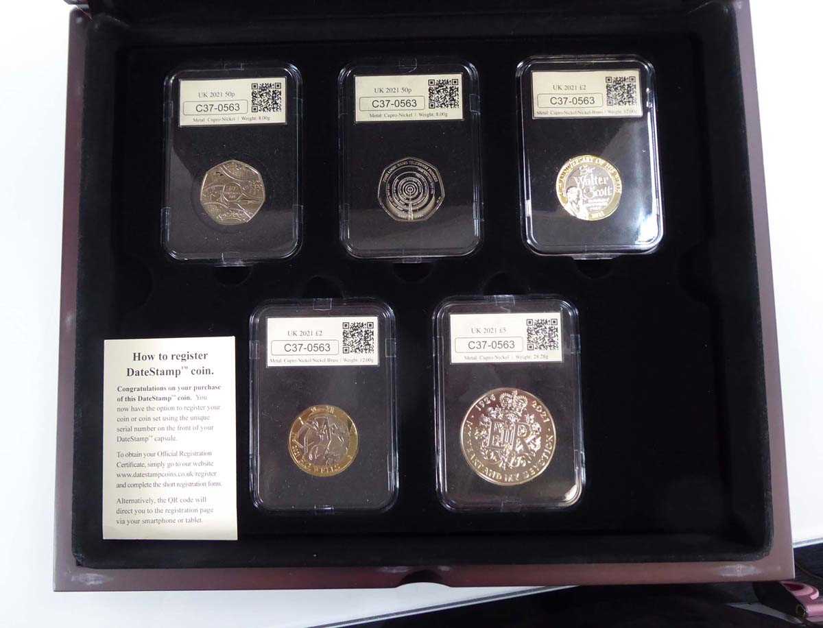 A set of five Datestamp Specimen Year set coins for 2021, a large gilt metal medallion commemorating - Image 4 of 6