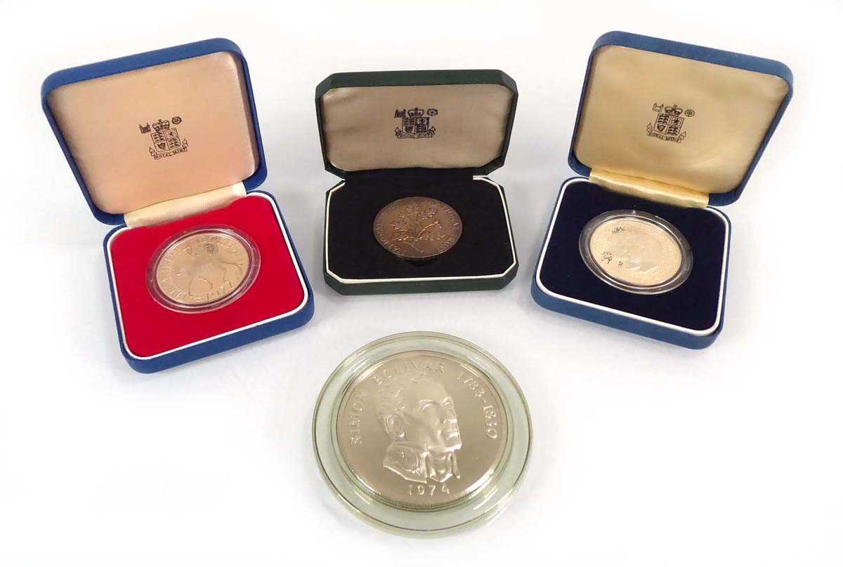 Three Royal Mint coins commemorating the Wedding of Prince Charles and Diana, the 1977 Silver