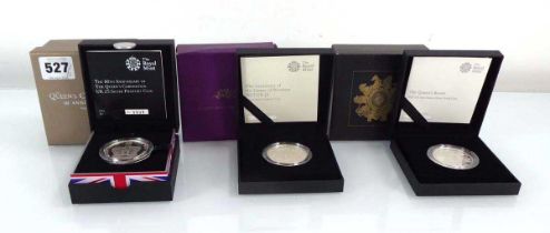 Three Royal Mint silver one ounce coins, each commemorating the British monarchy (3)