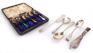 A set of six Danish silver gilt and guilloche enamelled teaspoons, cased, together with three silver
