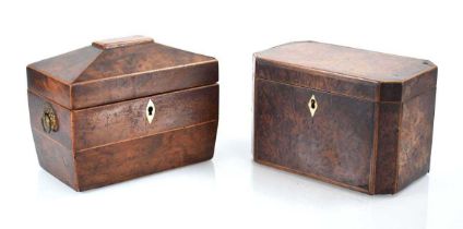 A 19th century burr amboyna and strung tea caddy of rectangular form, w. 18.5 cm, together with a