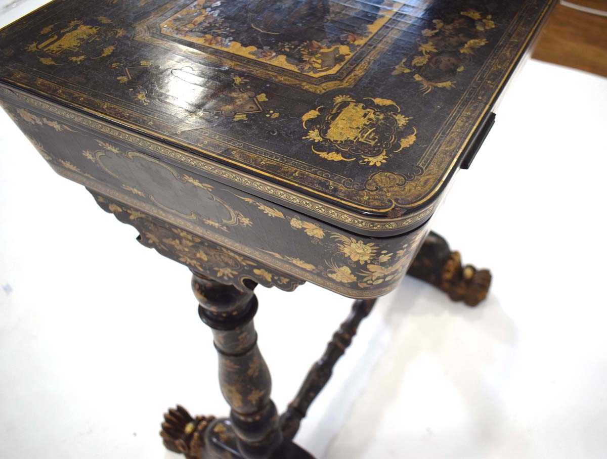 A mid-19th century black lacquered and gilt sewing table intricately decorated in the chinoiserie - Image 12 of 14