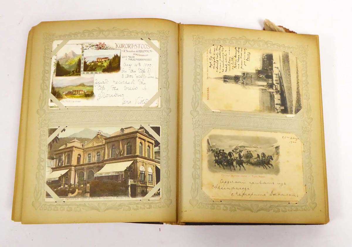 Large leatherbound album containing array of worldwide postcards primarily from 1899-1902, with some - Image 12 of 18