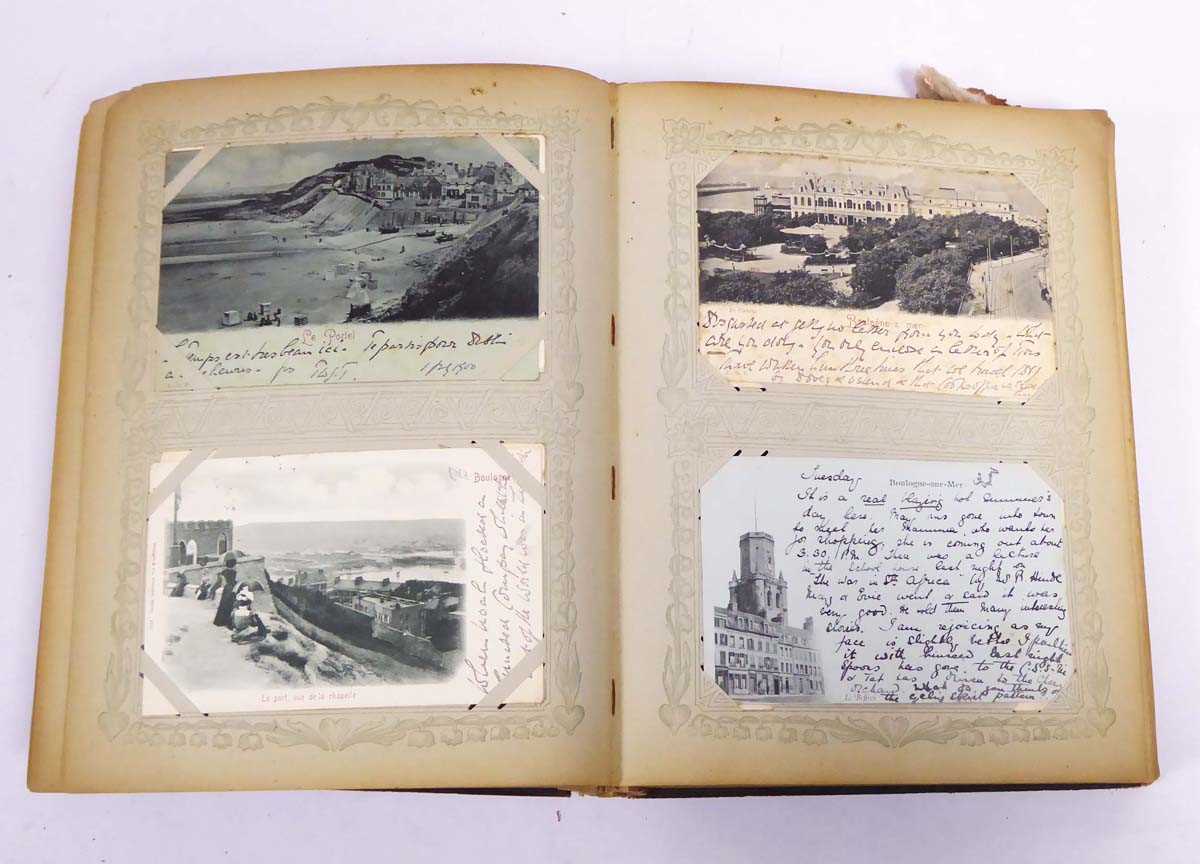 Large leatherbound album containing array of worldwide postcards primarily from 1899-1902, with some - Image 14 of 18