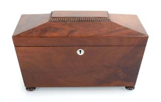 A 19th century mahogany tea caddy of sarcophagus form, on bun feet, 31 x 17 x 17 cm