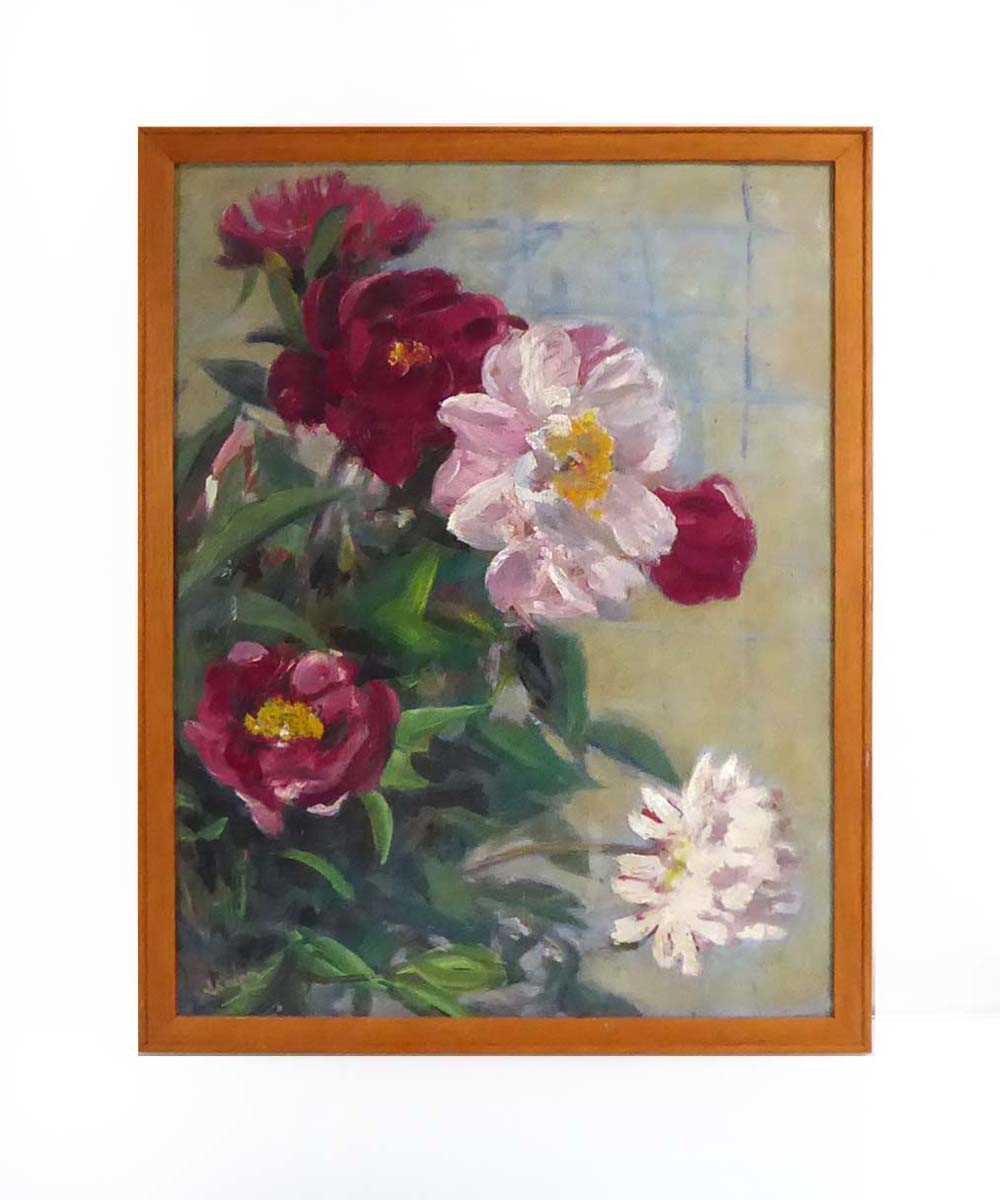 John Culpin (20th century), A study of peonies, signed, oil on board, 44 x 33 cm