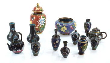 A mixed group of 20th century cloisonné objects including vases, teapots, an open bowl etc.