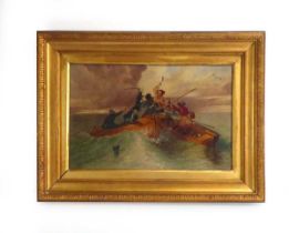 Continental School (late19th/early 20th century), Squabble at sea, unsigned, oil on board, 22 x 34